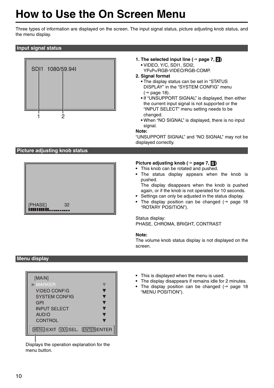 How to use the on screen menu, Input signal status, Picture adjusting knob status | Menu display | Panasonic BT-LT1700 User Manual | Page 2 / 14