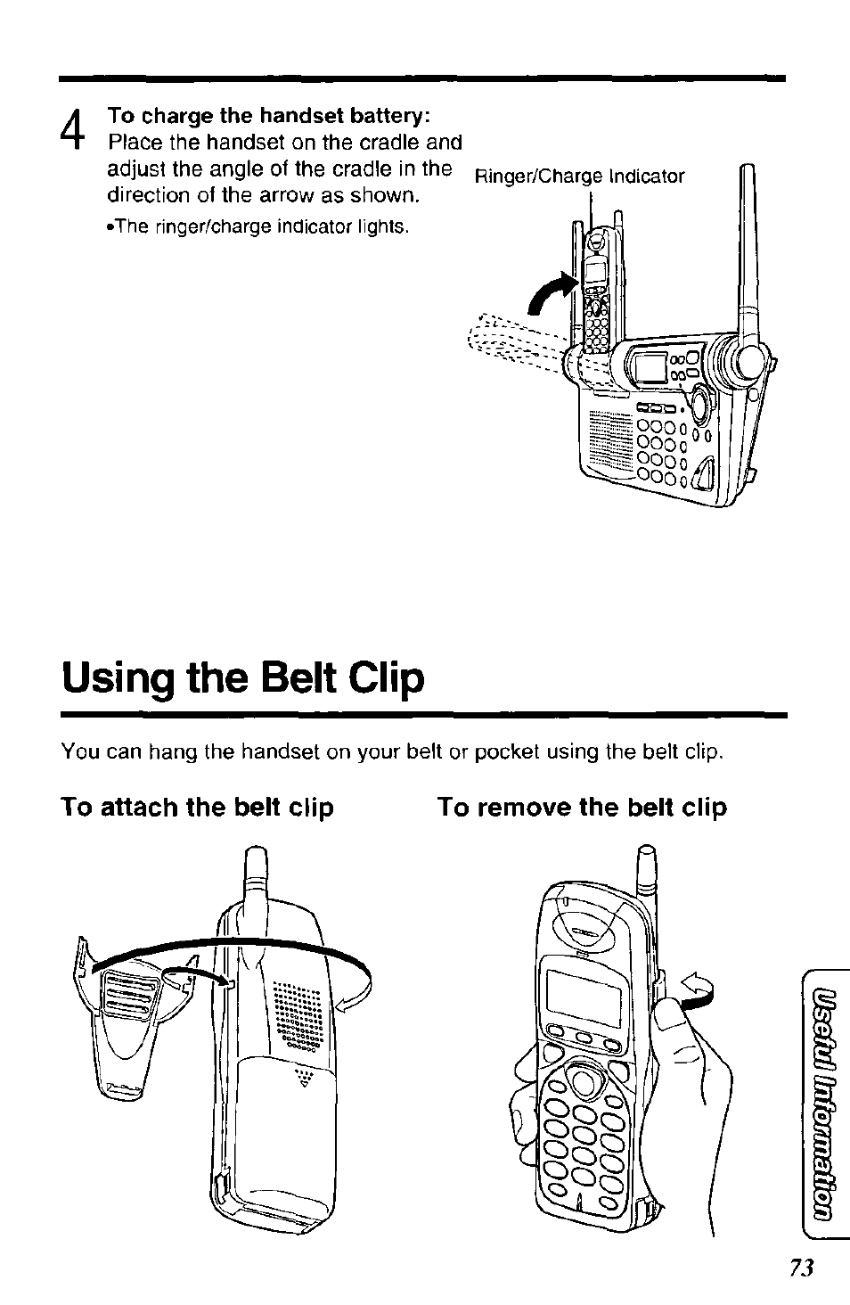 To attach the belt clip to remove the belt clip, Using the belt clip | Panasonic KX-TG2670N User Manual | Page 73 / 92