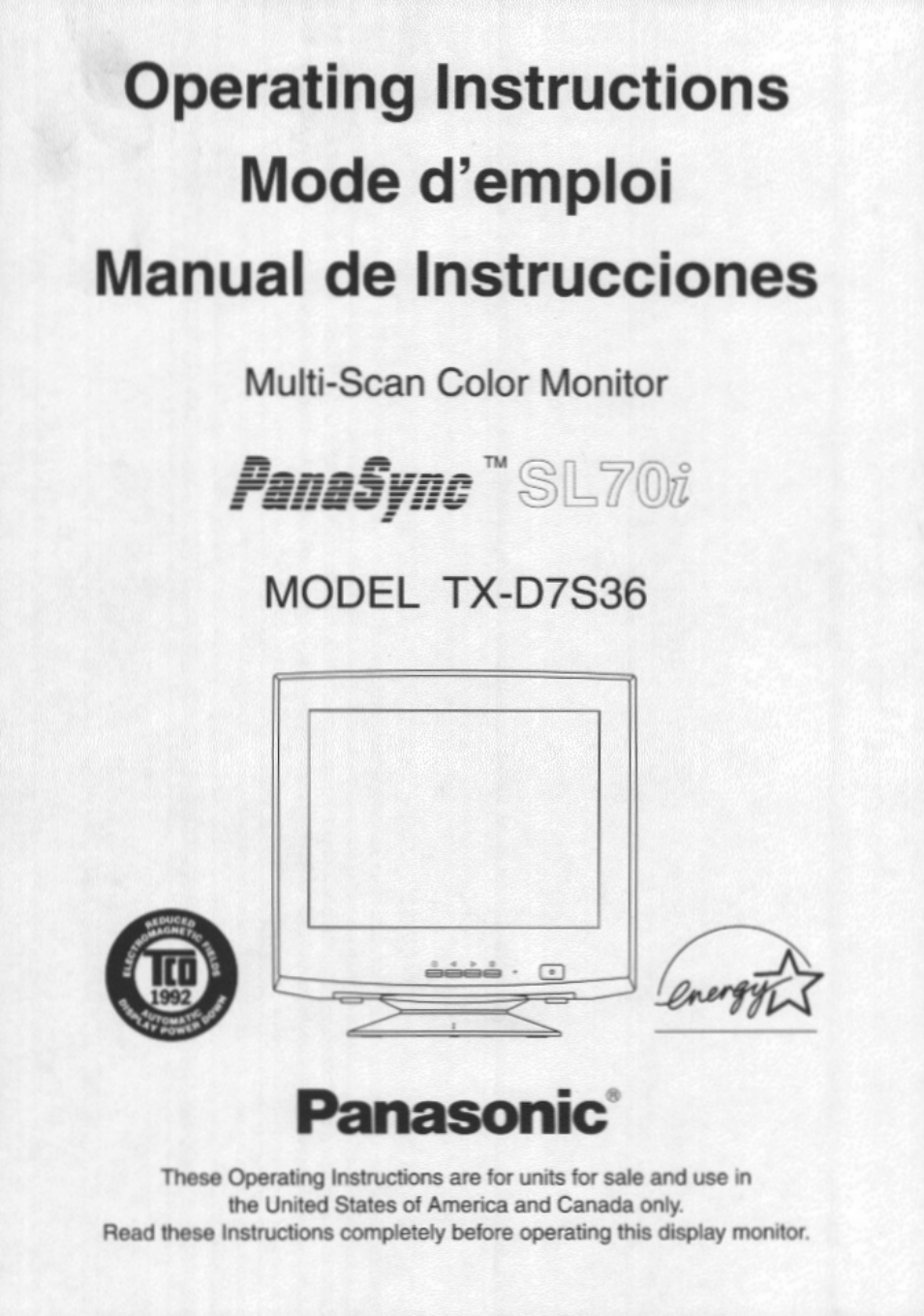 Panasonic PANASYNC TX-D7S36 User Manual | 2 pages