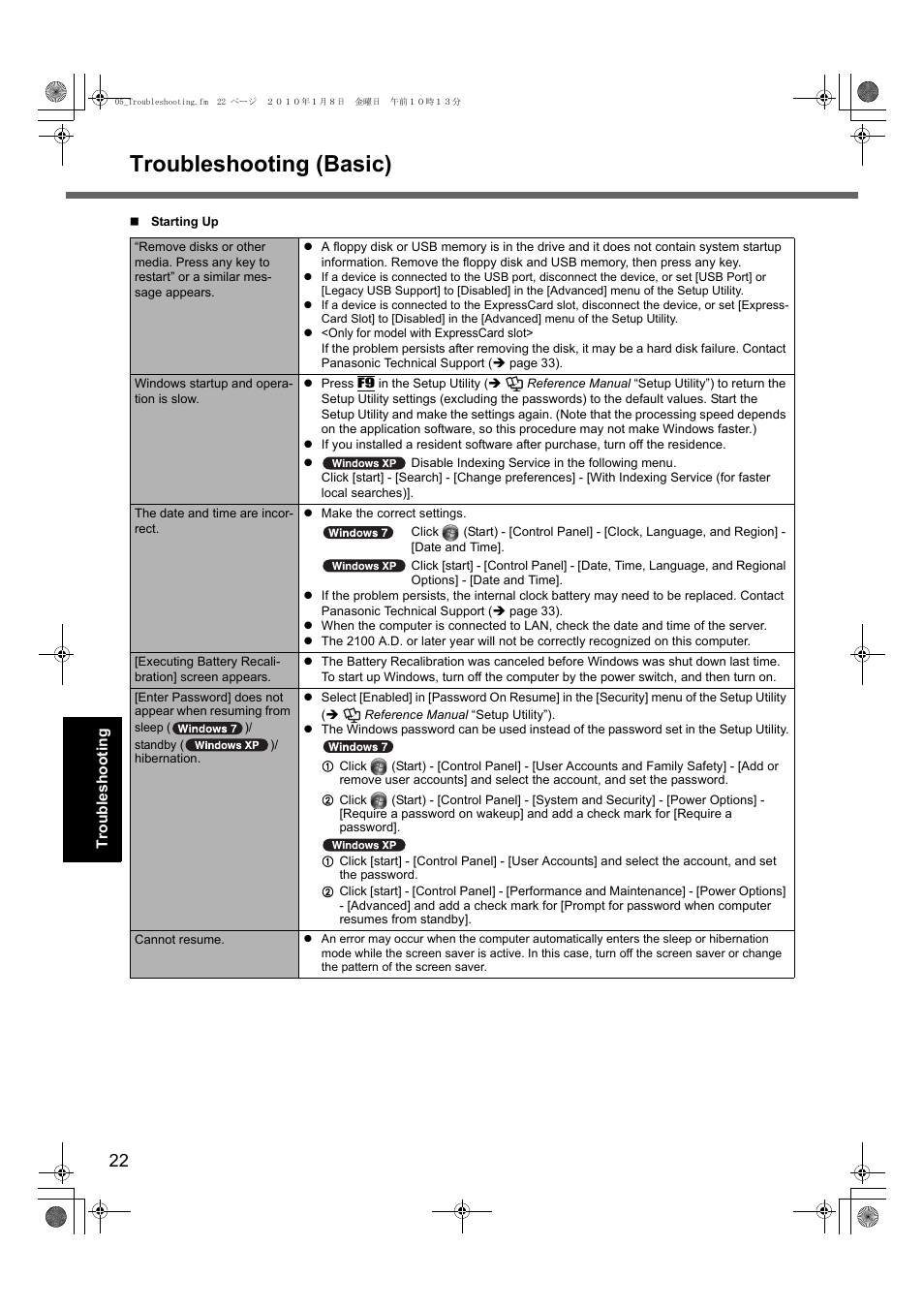 Troubleshooting (basic) | Panasonic CF-52 User Manual | Page 22 / 36