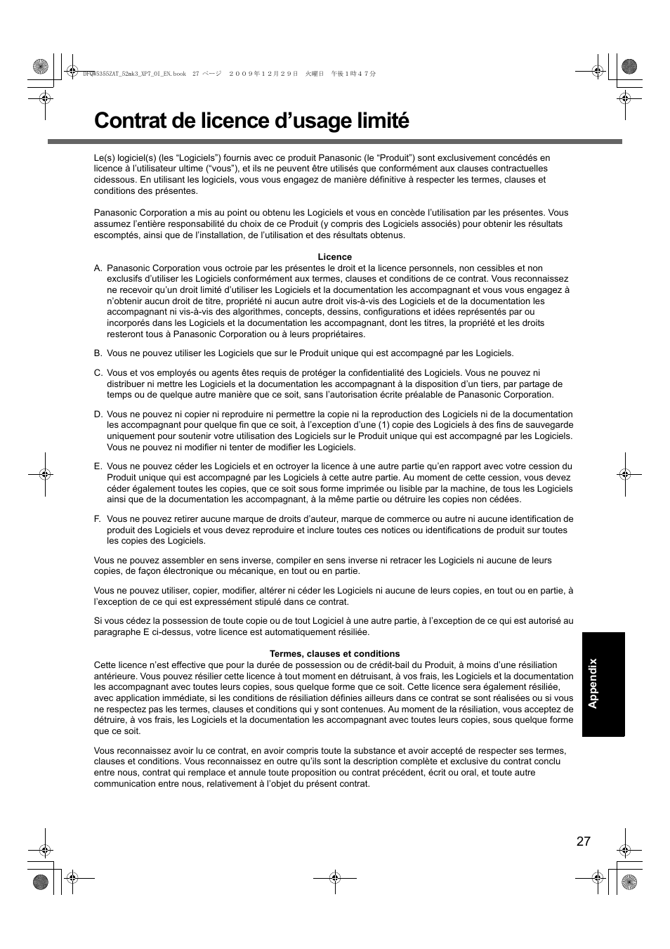 Contrat de licence d’usage limité | Panasonic CF-52 User Manual | Page 27 / 36