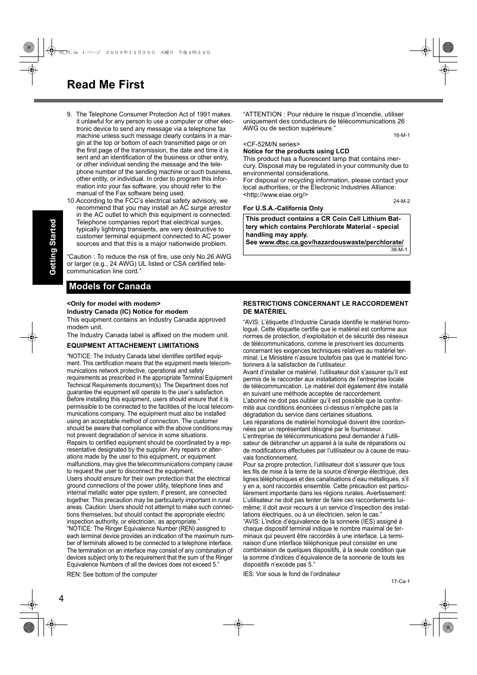 Read me first, Models for canada | Panasonic CF-52 User Manual | Page 4 / 36