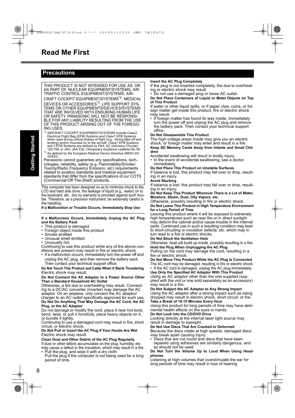 Read me first, Precautions | Panasonic CF-52 User Manual | Page 8 / 36