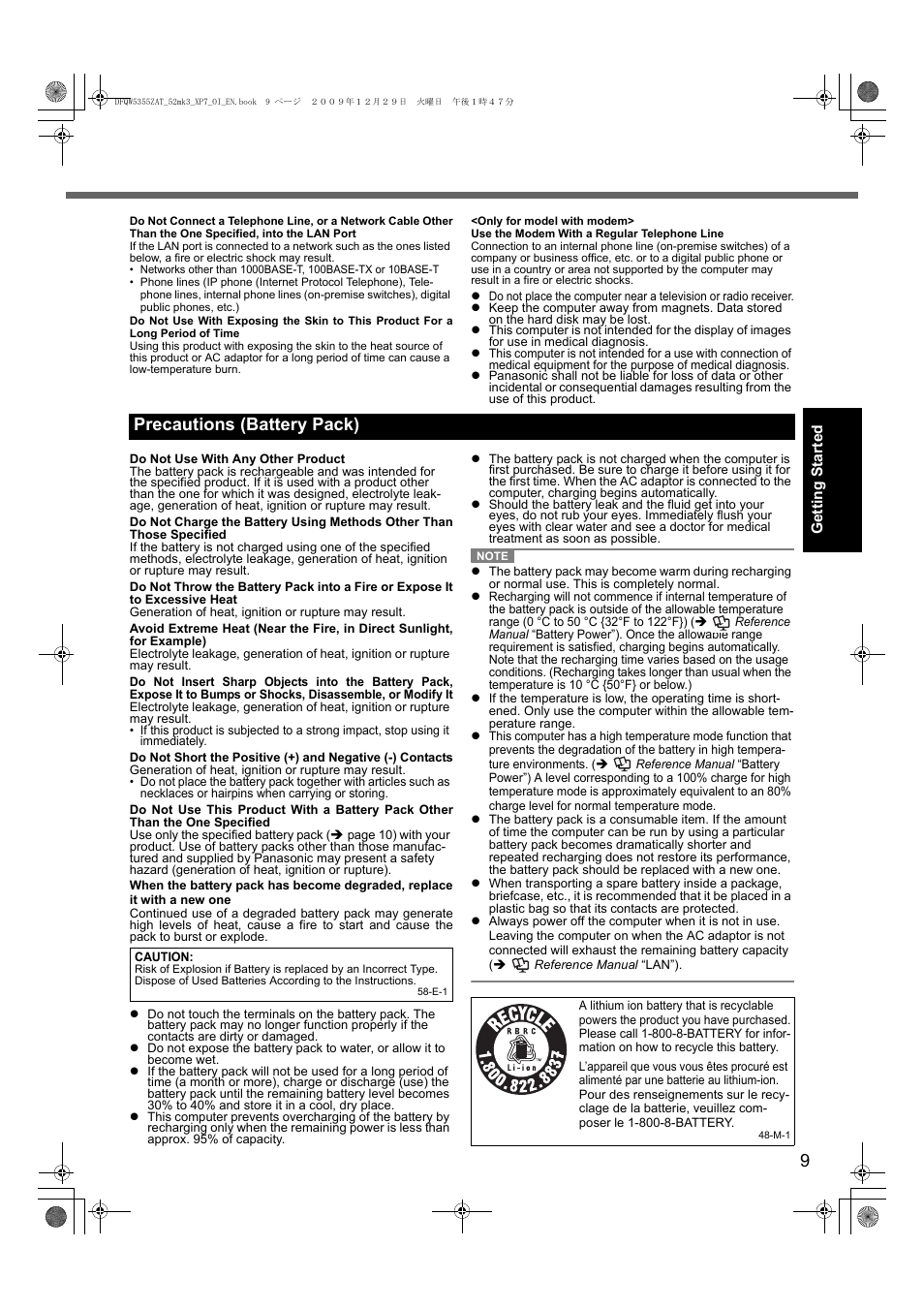 Precautions (battery pack) | Panasonic CF-52 User Manual | Page 9 / 36