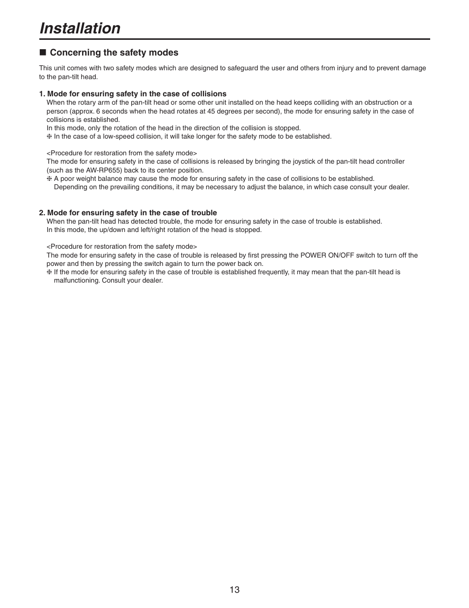 Concerning the safety modes, Installation | Panasonic AW-PH405N User Manual | Page 13 / 32