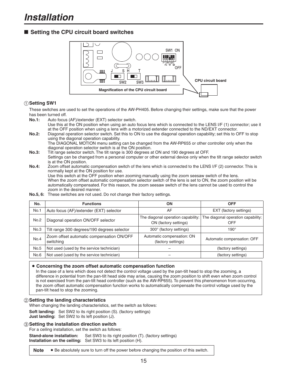 Setting the cpu circuit board switches, Installation | Panasonic AW-PH405N User Manual | Page 15 / 32