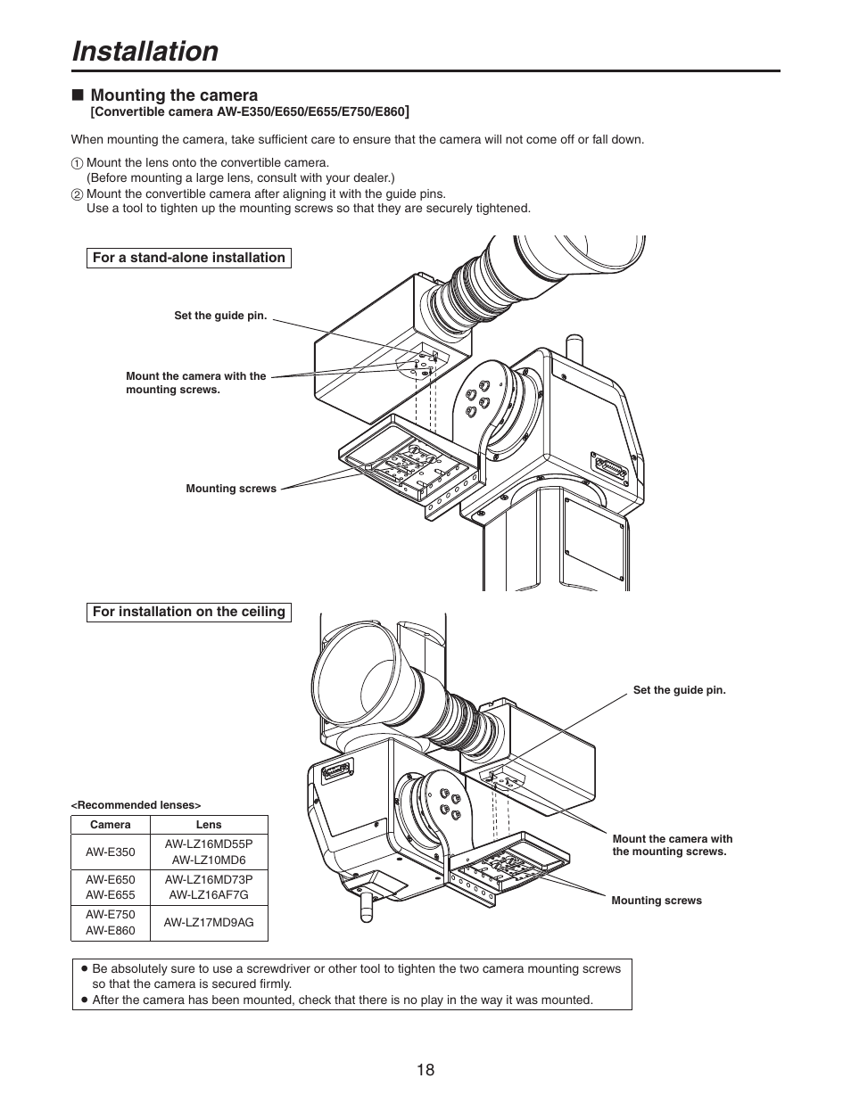Installation, 18  mounting the camera | Panasonic AW-PH405N User Manual | Page 18 / 32
