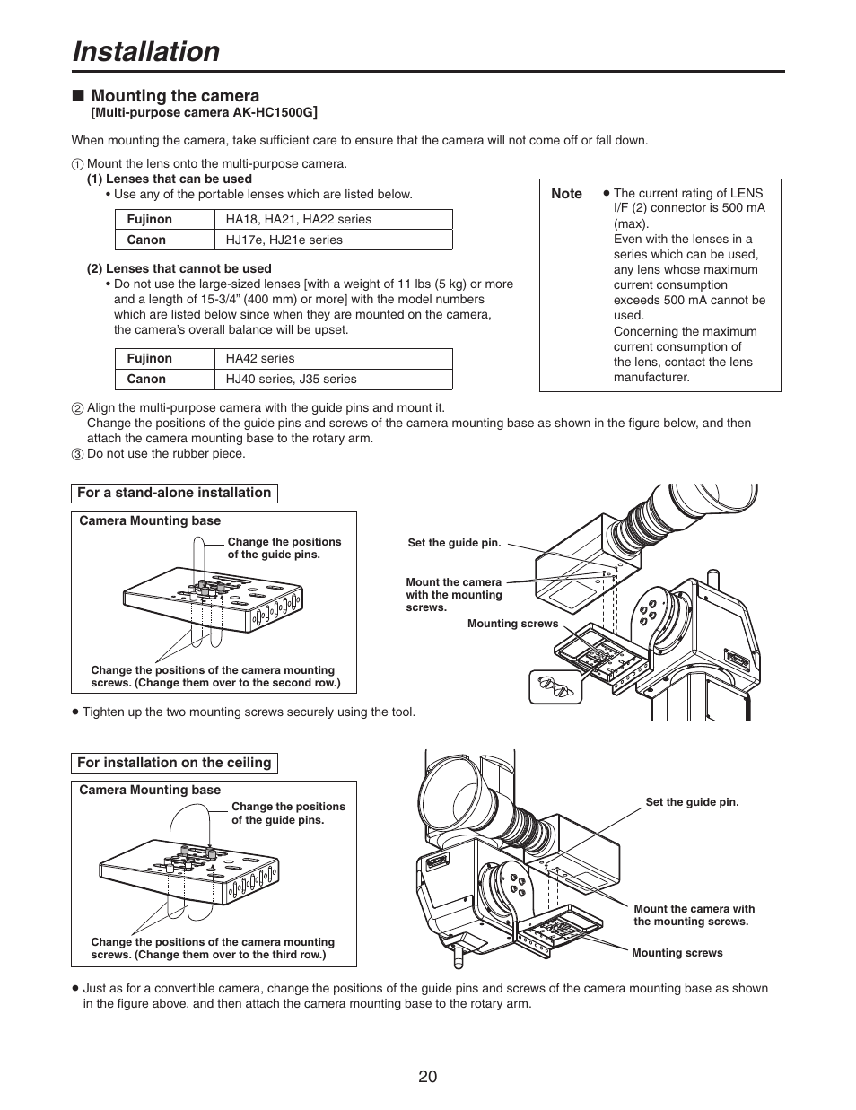 Installation, Mounting the camera | Panasonic AW-PH405N User Manual | Page 20 / 32