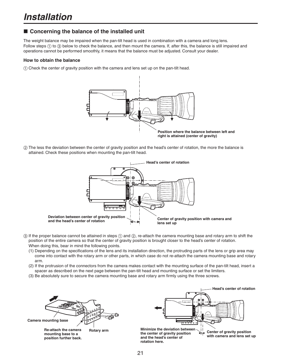 Concerning the balance of the installed unit, Installation, 1  concerning the balance of the installed unit | Panasonic AW-PH405N User Manual | Page 21 / 32