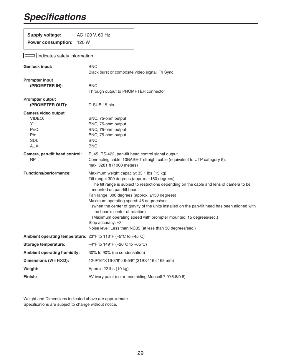 Specifications | Panasonic AW-PH405N User Manual | Page 29 / 32