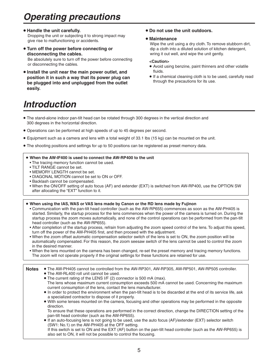 Operating precautions, Introduction | Panasonic AW-PH405N User Manual | Page 5 / 32