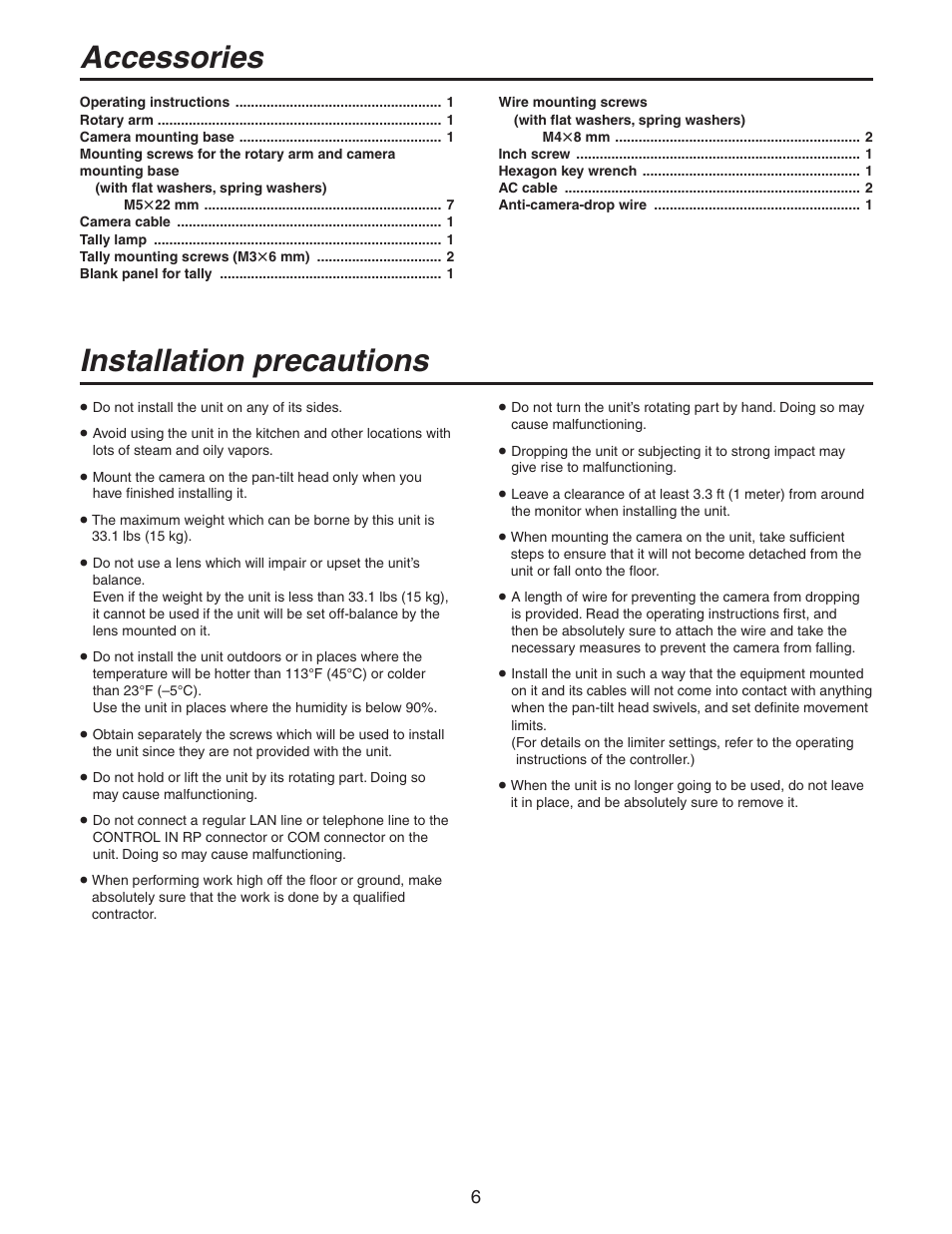 Accessories, Installation precautions | Panasonic AW-PH405N User Manual | Page 6 / 32