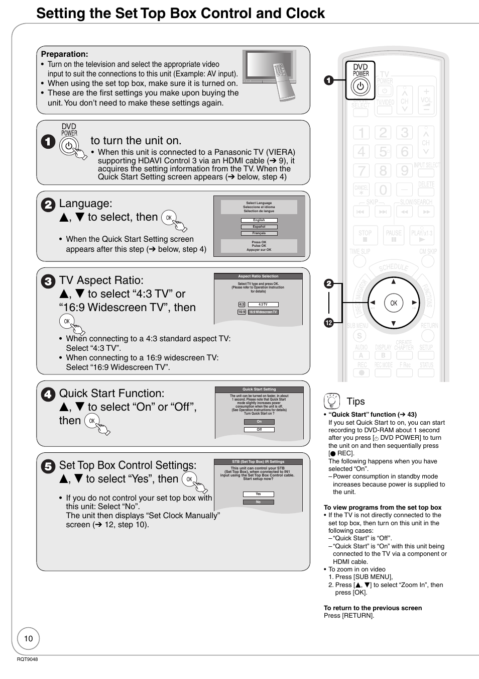 Setting the set top box control and clock, Language: e , r to select, then, Tips | Panasonic DIGA DMR-EA18 User Manual | Page 10 / 76