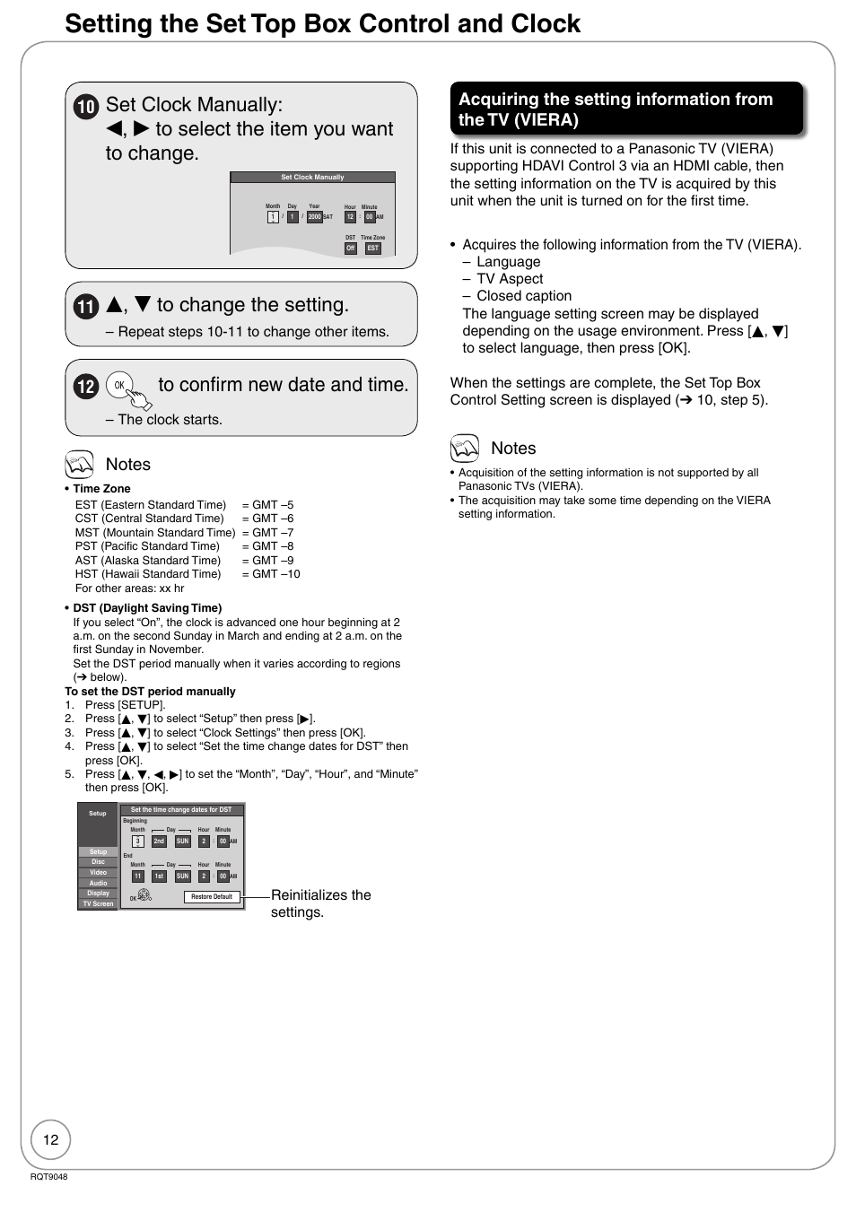 Setting the set top box control and clock, E, r to change the setting, Repeat steps 10-11 to change other items | The clock starts, Reinitializes the settings | Panasonic DIGA DMR-EA18 User Manual | Page 12 / 76