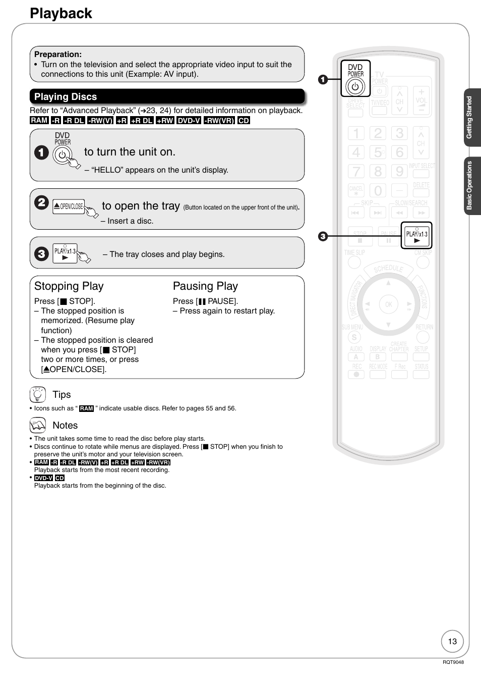 Basic operations, Playback, Stopping play | Pausing play, Playing discs, Tips | Panasonic DIGA DMR-EA18 User Manual | Page 13 / 76