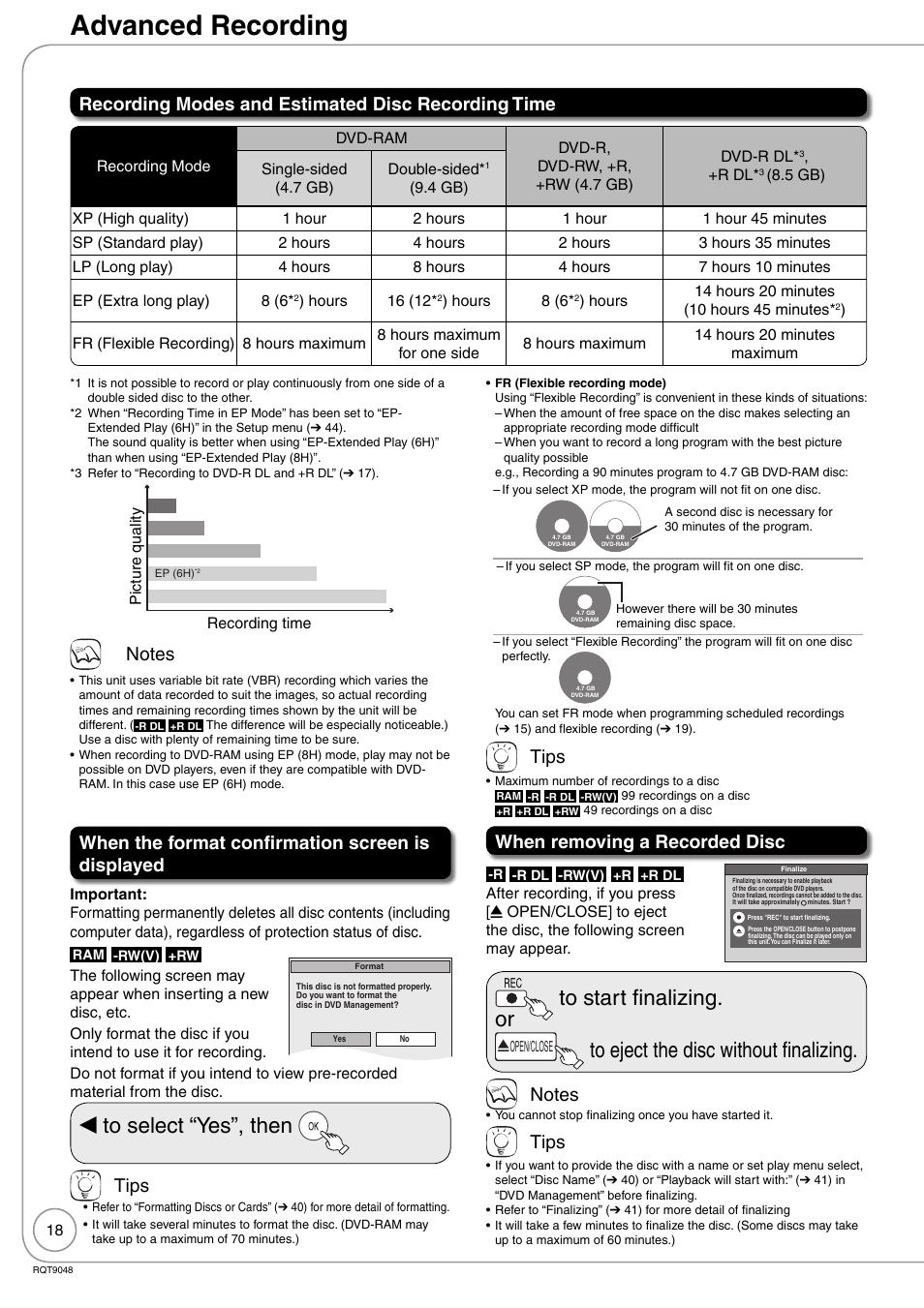 Advanced recording, Wto select “yes”, then, Recording modes and estimated disc recording time | When the format confirmation screen is displayed, Tips, When removing a recorded disc | Panasonic DIGA DMR-EA18 User Manual | Page 18 / 76