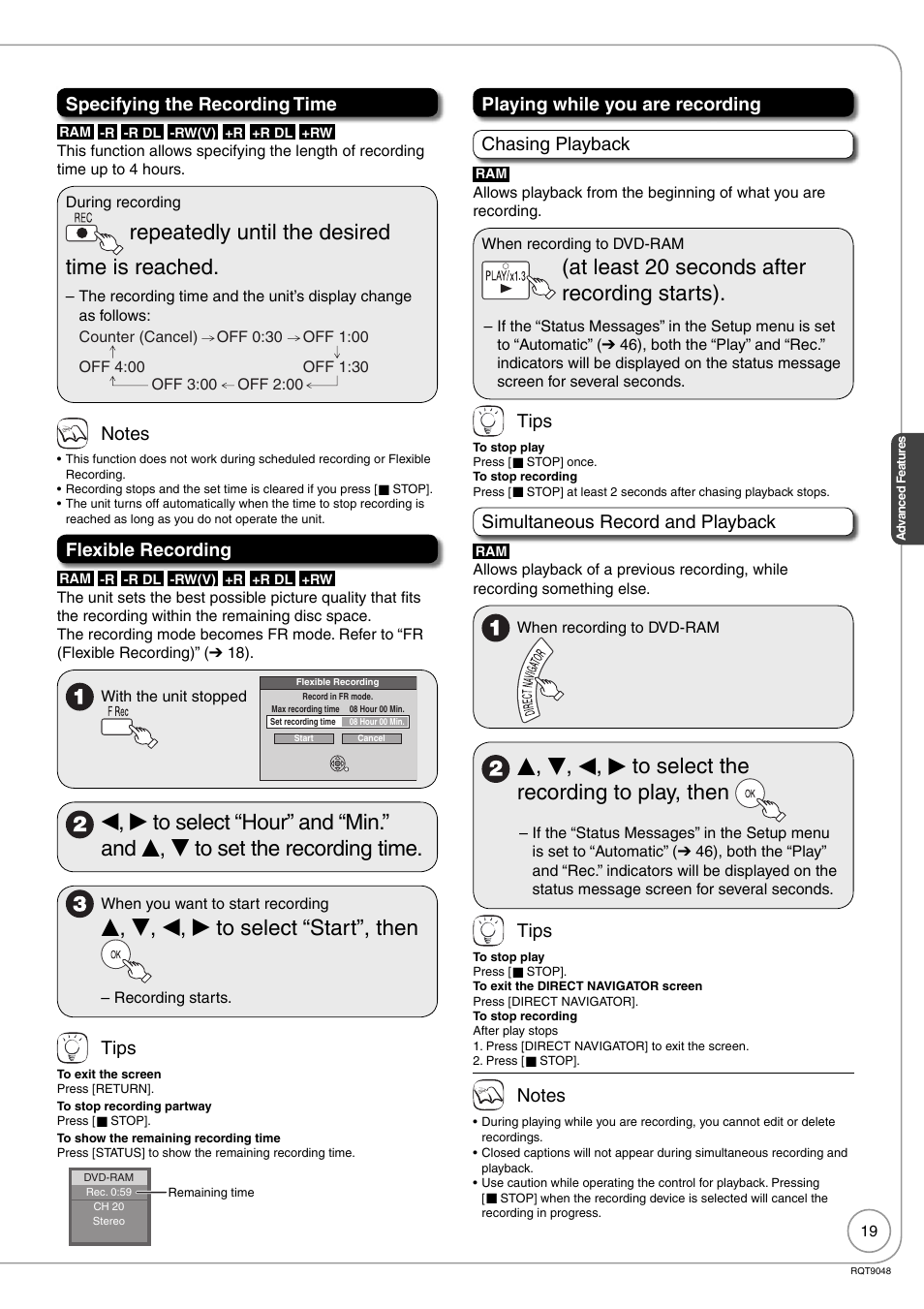 Repeatedly until the desired time is reached, E, r, w, q to select “start”, then, At least 20 seconds after recording starts) | E, r, w, q to select the recording to play, then, Specifying the recording time, Flexible recording, Tips, Playing while you are recording chasing playback, Simultaneous record and playback | Panasonic DIGA DMR-EA18 User Manual | Page 19 / 76