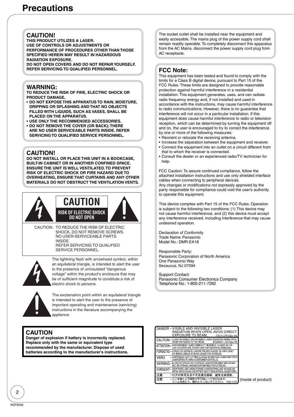Getting started, Precautions, Caution | Warning | Panasonic DIGA DMR-EA18 User Manual | Page 2 / 76