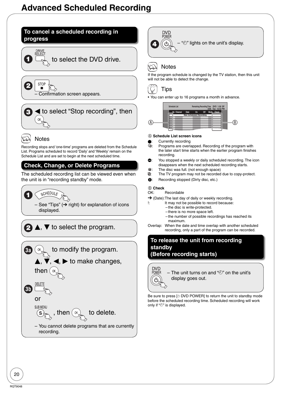 Advanced scheduled recording, W to select “stop recording”, then, E, r to select the program | Or , then to delete, Check, change, or delete programs, Tips | Panasonic DIGA DMR-EA18 User Manual | Page 20 / 76