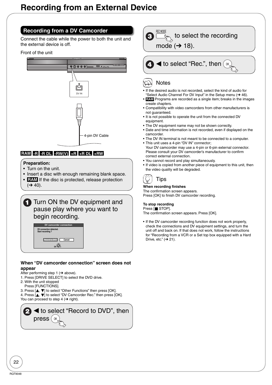 Recording from an external device, Recording from a dv camcorder, Tips | Panasonic DIGA DMR-EA18 User Manual | Page 22 / 76