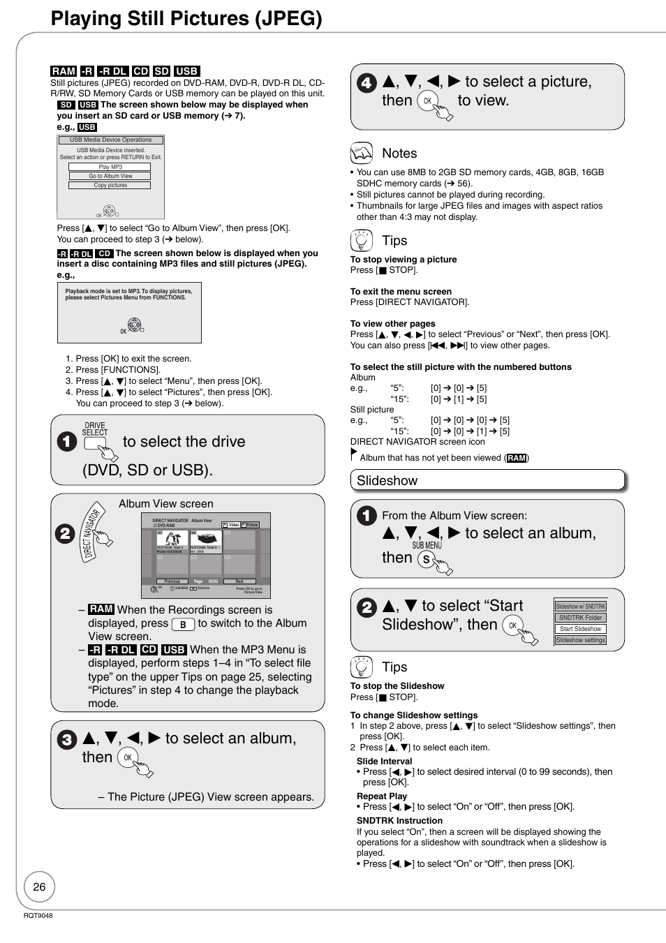 Playing still pictures (jpeg), E, r, w, q to select an album, then, E, r, w, q to select a picture, then to view | Tips, Slideshow, Album view screen, The picture (jpeg) view screen appears | Panasonic DIGA DMR-EA18 User Manual | Page 26 / 76
