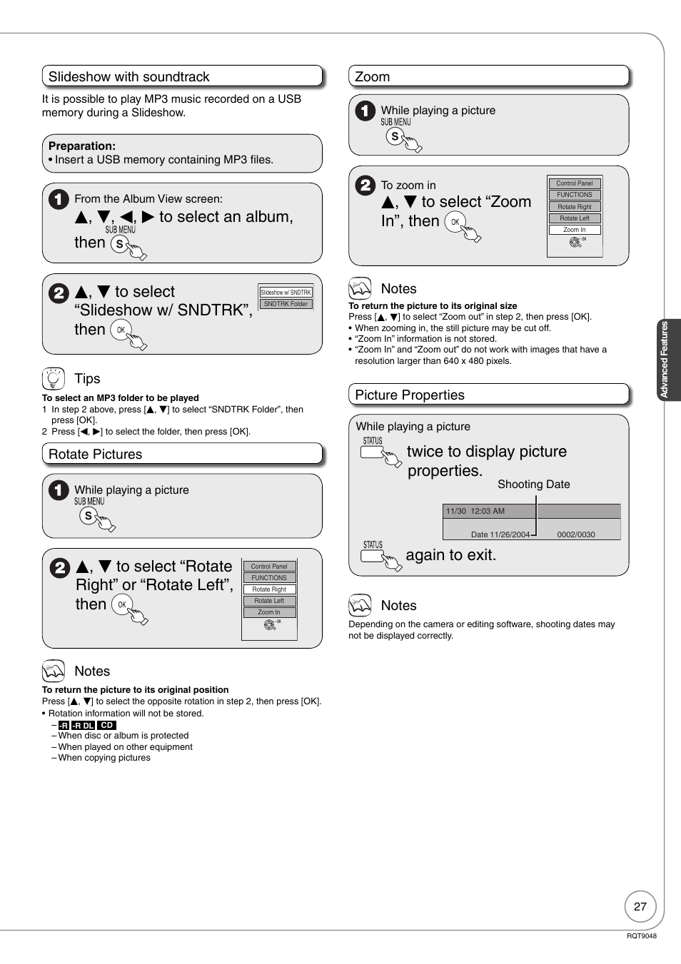 E, r to select “zoom in”, then, Twice to display picture properties, Again to exit | Slideshow with soundtrack, Tips, Rotate pictures, Zoom, Picture properties | Panasonic DIGA DMR-EA18 User Manual | Page 27 / 76