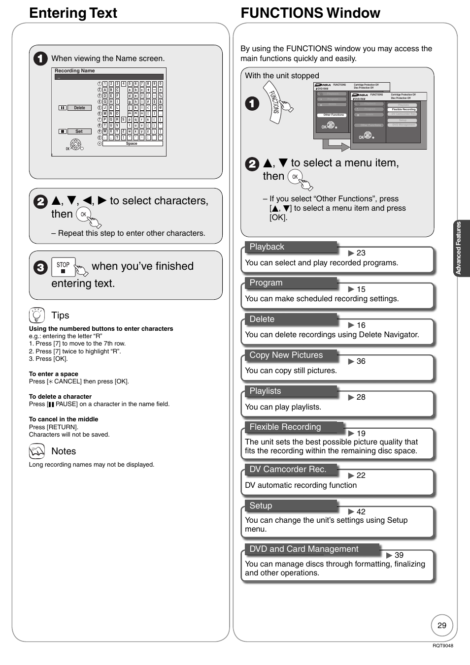 Entering text, Functions window, E, r to select a menu item, then | E, r, w, q to select characters, then, When you’ve fi nished entering text, Tips, Playback, Program, Delete, Copy new pictures | Panasonic DIGA DMR-EA18 User Manual | Page 29 / 76