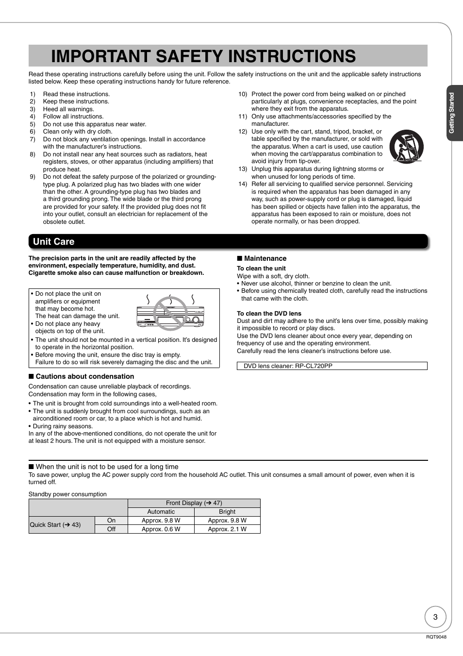 Important safety instructions, Unit care | Panasonic DIGA DMR-EA18 User Manual | Page 3 / 76