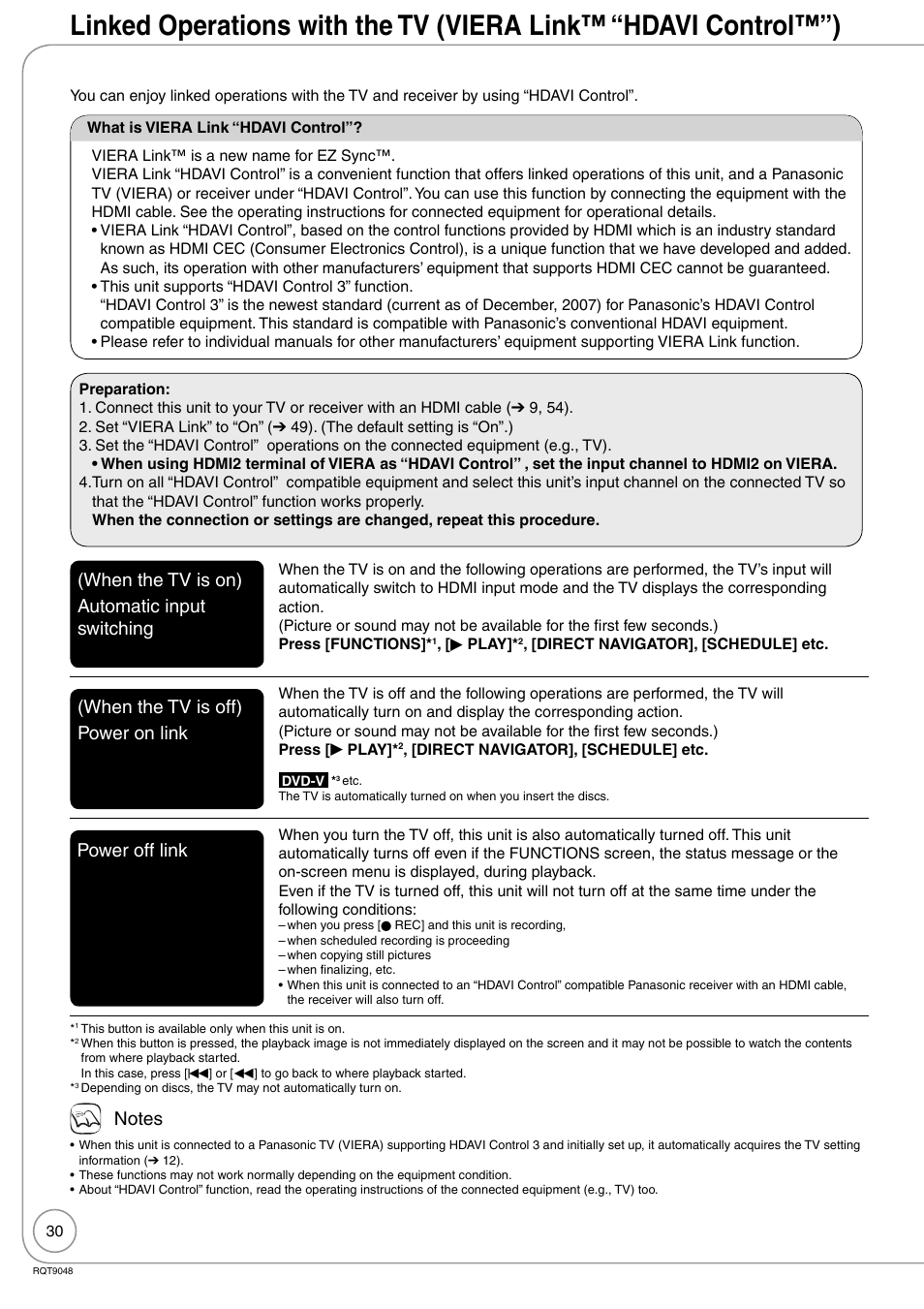 When the tv is on) automatic input switching, When the tv is off) power on link, Power off link | Panasonic DIGA DMR-EA18 User Manual | Page 30 / 76