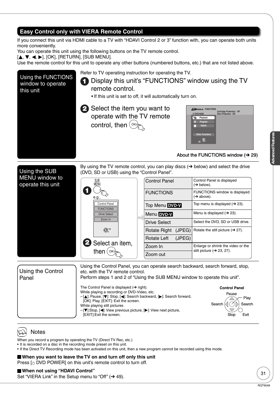 Select an item, then, Easy control only with viera remote control, Using the functions window to operate this unit | Using the sub menu window to operate this unit, Using the control panel | Panasonic DIGA DMR-EA18 User Manual | Page 31 / 76