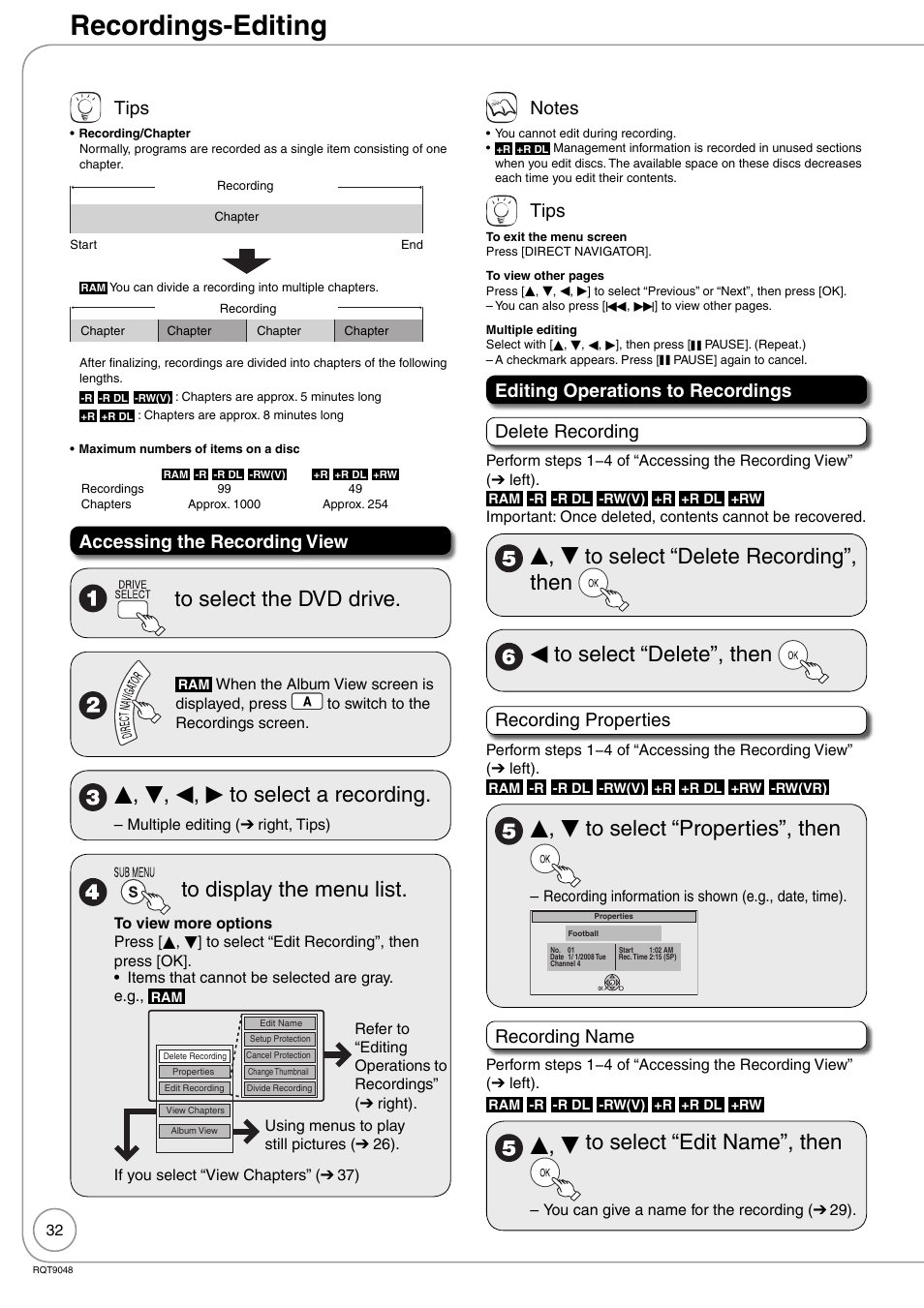 Advanced editing, Recordings-editing, E, r, w, q to select a recording | E, r to select “properties”, then, E, r to select “edit name”, then, Tips, Accessing the recording view, Editing operations to recordings delete recording, Recording properties, Recording name | Panasonic DIGA DMR-EA18 User Manual | Page 32 / 76