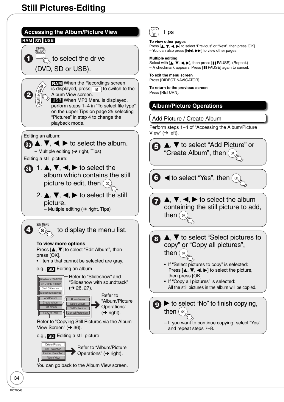 Still pictures-editing, E , r, w, q to select the album, Qto select “no” to fi nish copying, then | Panasonic DIGA DMR-EA18 User Manual | Page 34 / 76