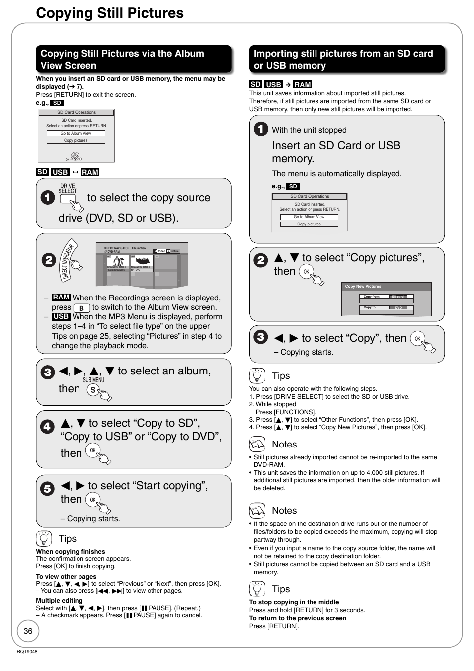 Copying still pictures, E, r to select “copy pictures”, then, W, q to select “copy”, then | Copying still pictures via the album view screen, Tips | Panasonic DIGA DMR-EA18 User Manual | Page 36 / 76