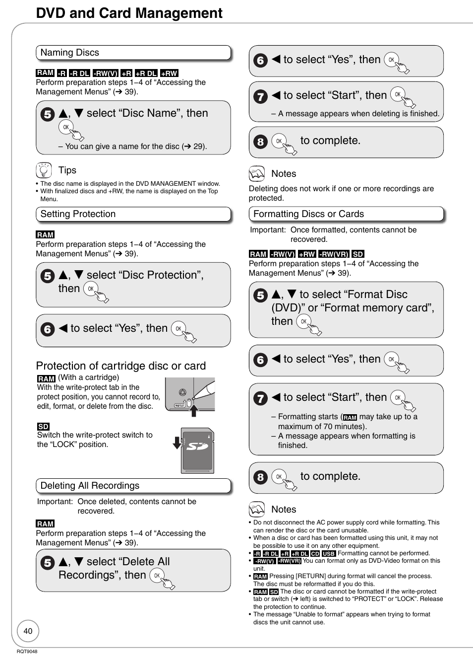 Dvd and card management, E, r select “disc name”, then, E, r select “delete all recordings”, then | W to select “yes”, then w to select “start”, then, Naming discs, Tips, Setting protection, Deleting all recordings, Formatting discs or cards | Panasonic DIGA DMR-EA18 User Manual | Page 40 / 76