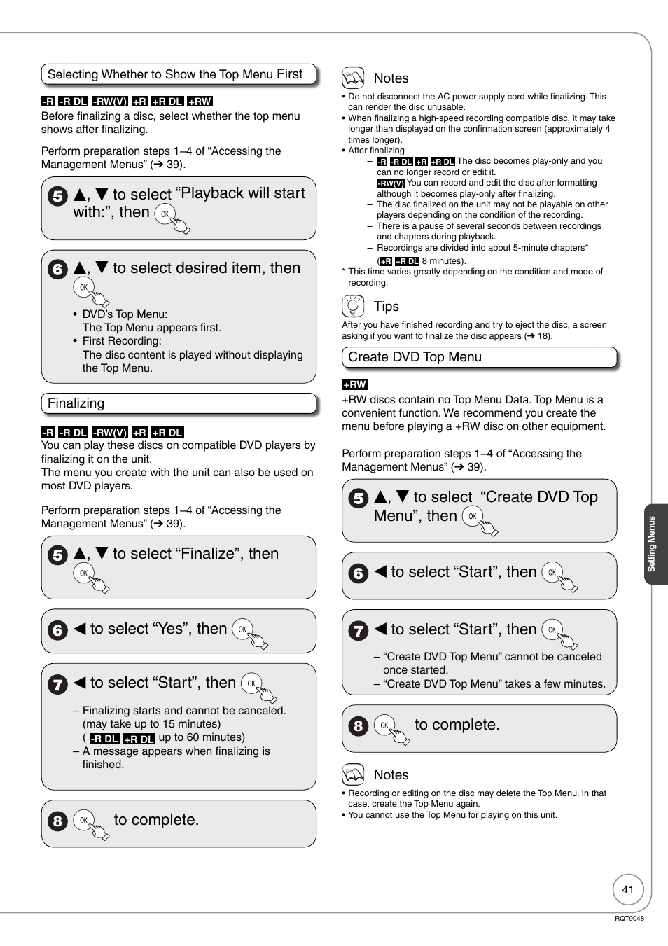 First, Finalizing, Tips | Create dvd top menu | Panasonic DIGA DMR-EA18 User Manual | Page 41 / 76