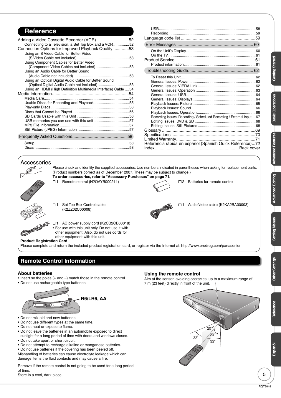Reference, Accessories, Remote control information | Panasonic DIGA DMR-EA18 User Manual | Page 5 / 76