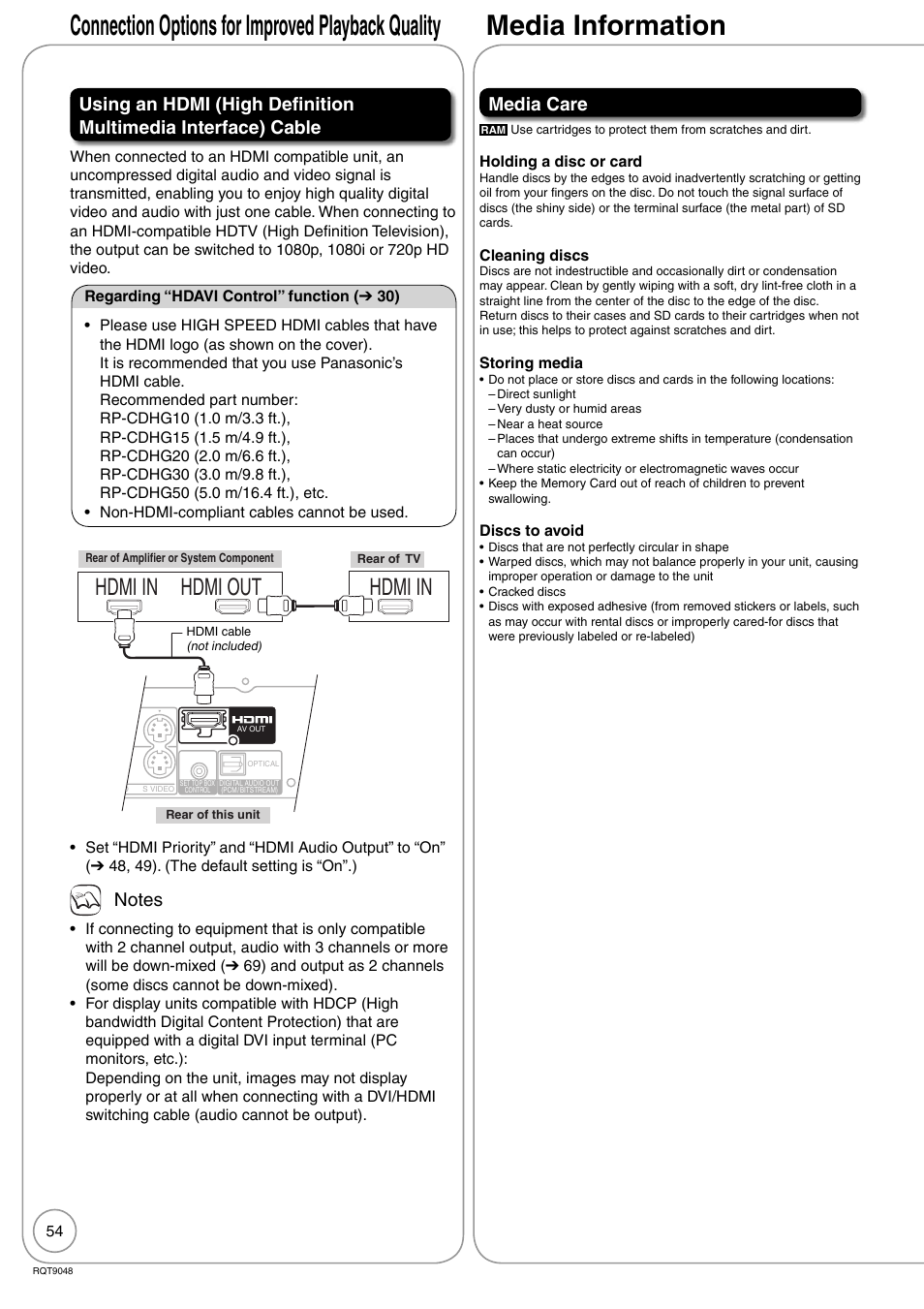 Media information, Hdmi in, Hdmi out hdmi in | Media care | Panasonic DIGA DMR-EA18 User Manual | Page 54 / 76