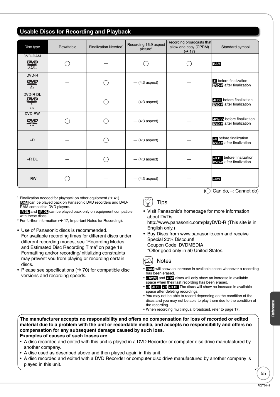 Usable discs for recording and playback, Tips, Can do, –: cannot do) | Panasonic DIGA DMR-EA18 User Manual | Page 55 / 76