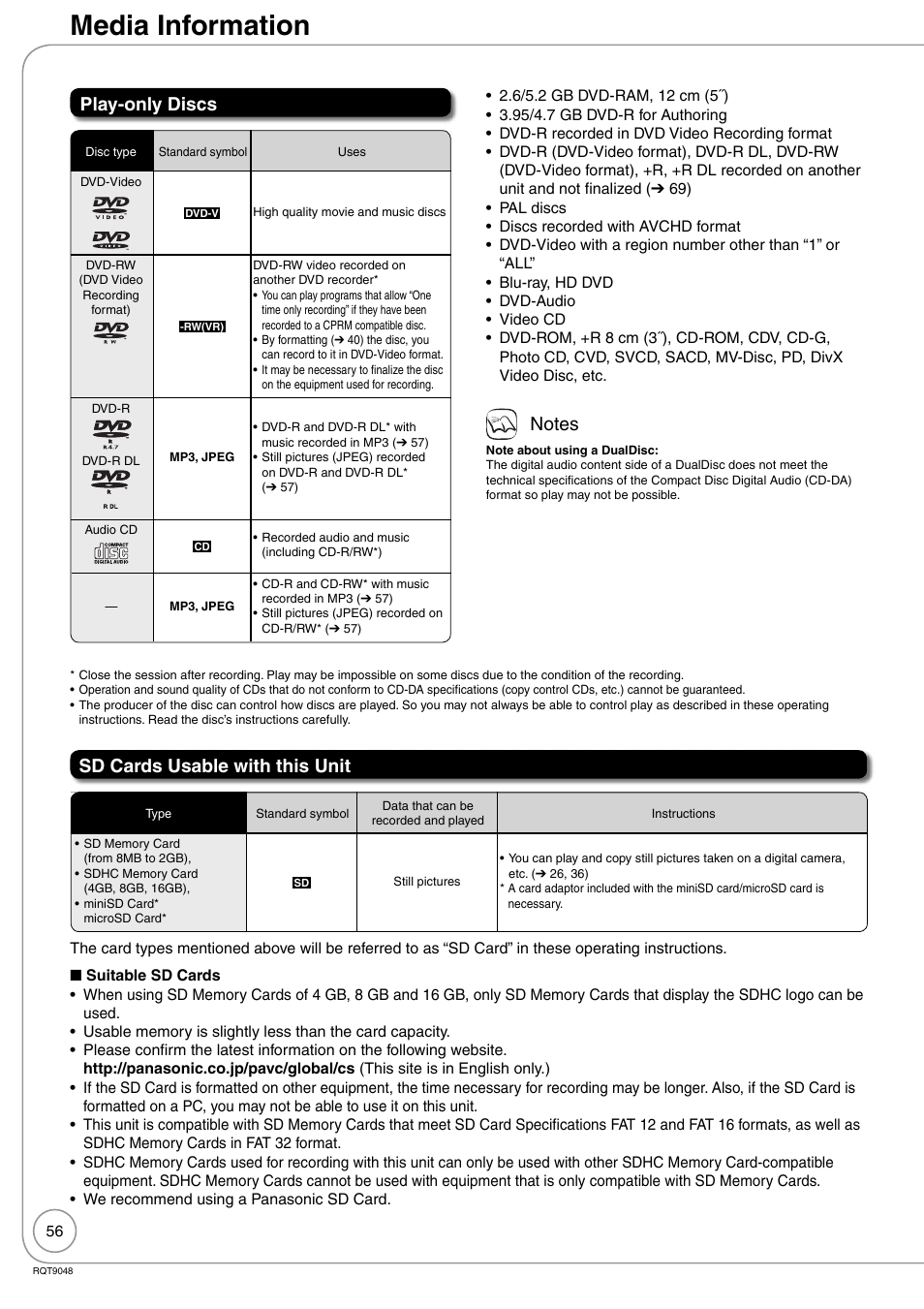 Media information, Play-only discs, Sd cards usable with this unit | Panasonic DIGA DMR-EA18 User Manual | Page 56 / 76