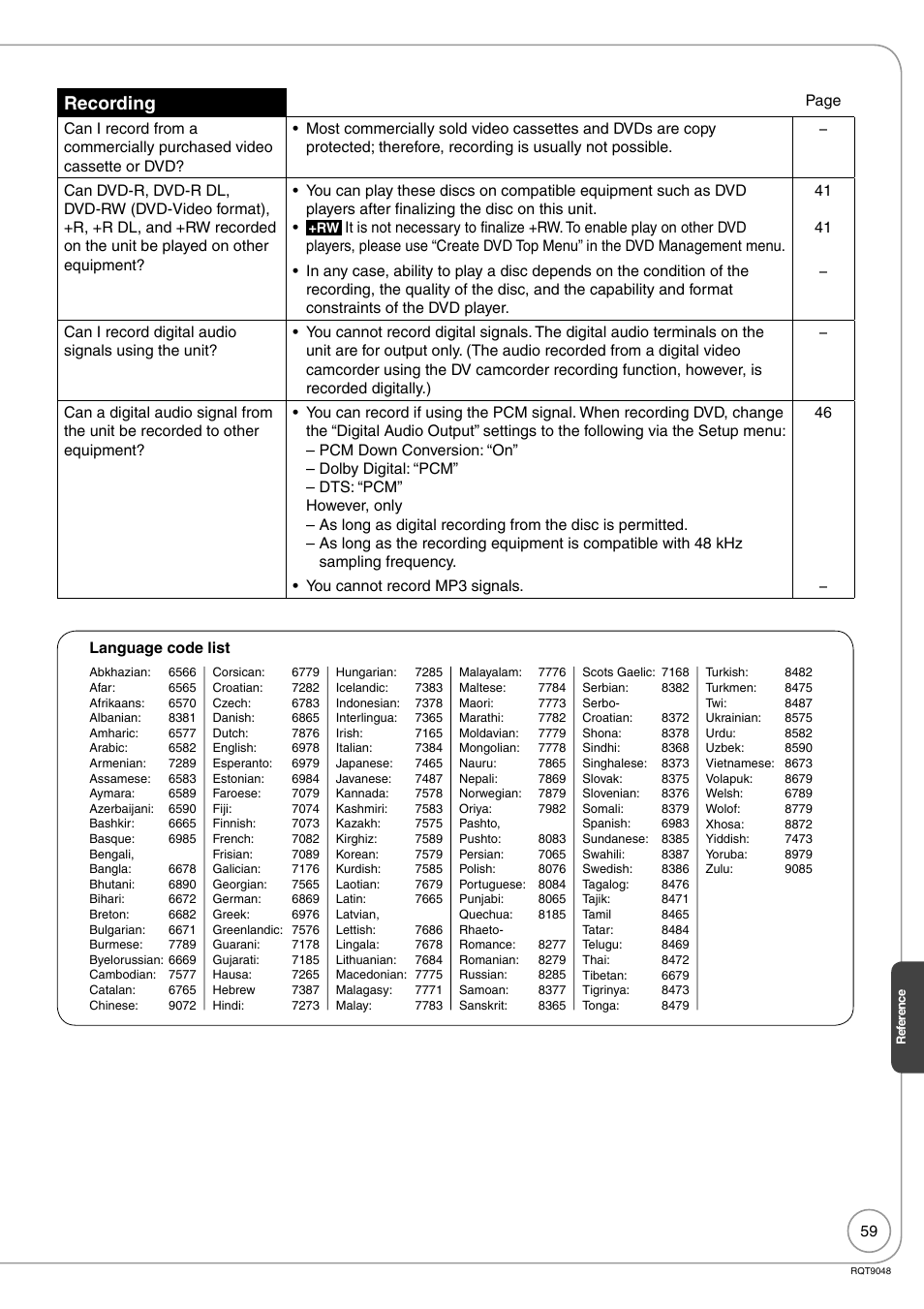 Language code list, Recording | Panasonic DIGA DMR-EA18 User Manual | Page 59 / 76