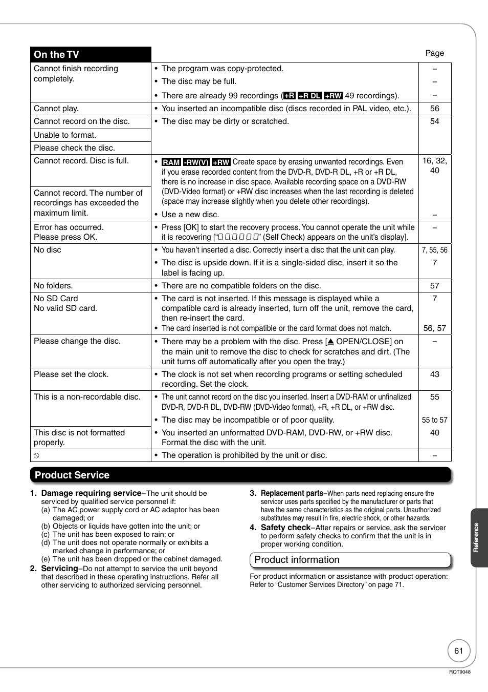 Product service, On the tv, Product information | Panasonic DIGA DMR-EA18 User Manual | Page 61 / 76