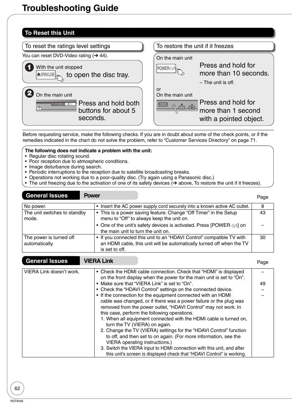 Troubleshooting guide, Press and hold both buttons for about 5 seconds, Press and hold for more than 10 seconds | Panasonic DIGA DMR-EA18 User Manual | Page 62 / 76