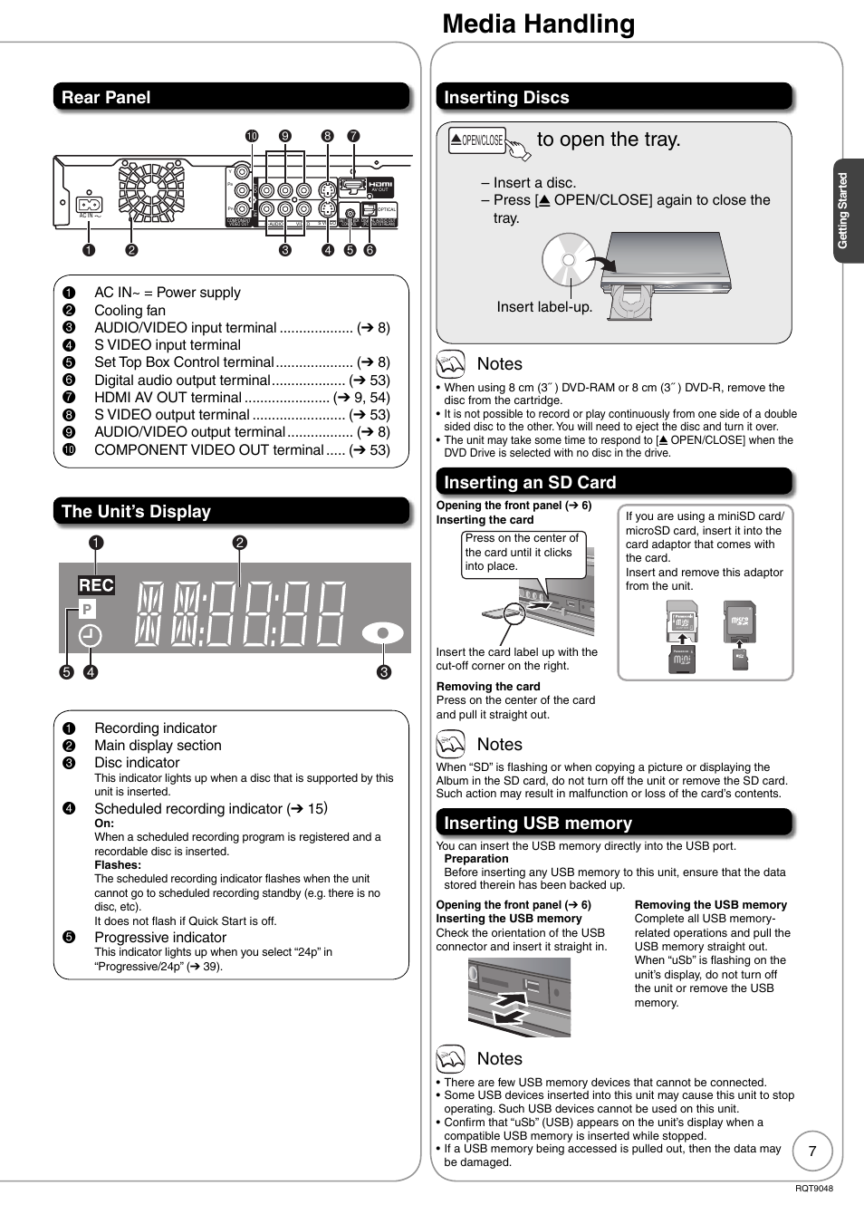 Media handling, Rear panel, The unit’s display | Inserting discs, Inserting an sd card | Panasonic DIGA DMR-EA18 User Manual | Page 7 / 76