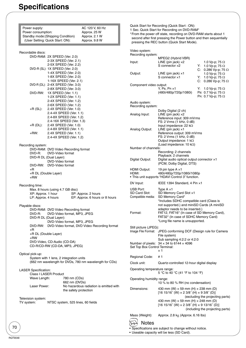 Specifications | Panasonic DIGA DMR-EA18 User Manual | Page 70 / 76