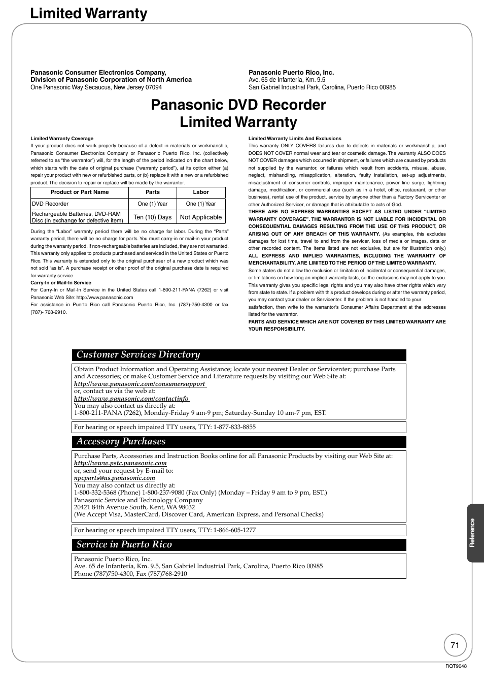 Limited warranty, Panasonic dvd recorder limited warranty, Customer services directory | Accessory purchases, Service in puerto rico | Panasonic DIGA DMR-EA18 User Manual | Page 71 / 76