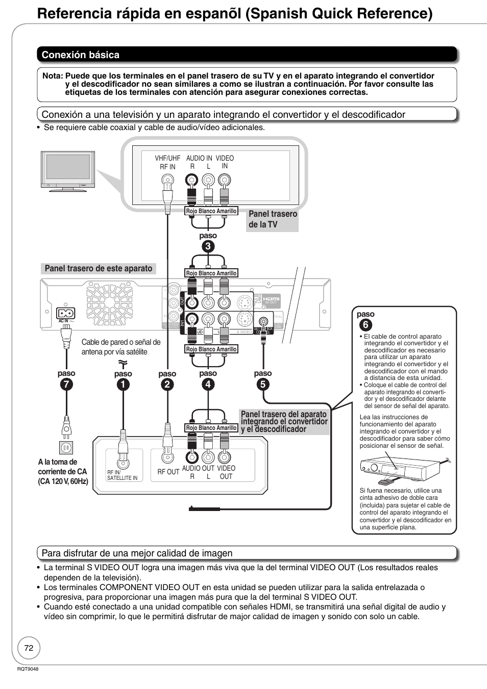 Conexión básica, Para disfrutar de una mejor calidad de imagen, Panel trasero de la tv | Panasonic DIGA DMR-EA18 User Manual | Page 72 / 76