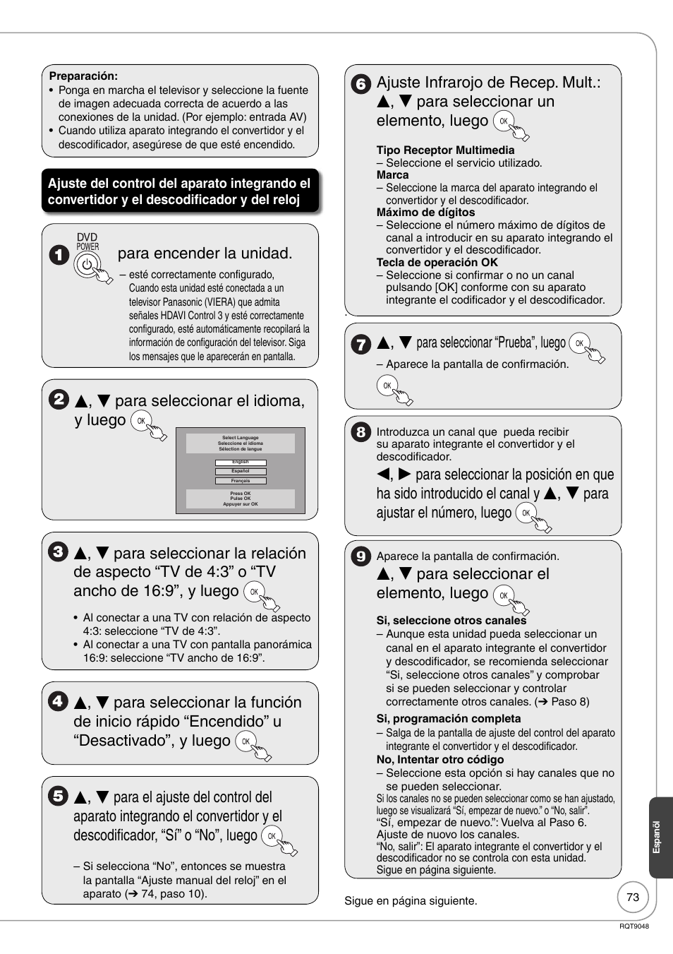 Para encender la unidad, E, r para seleccionar el idioma, y luego, E, r para seleccionar “prueba”, luego | E , r para seleccionar el elemento, luego | Panasonic DIGA DMR-EA18 User Manual | Page 73 / 76