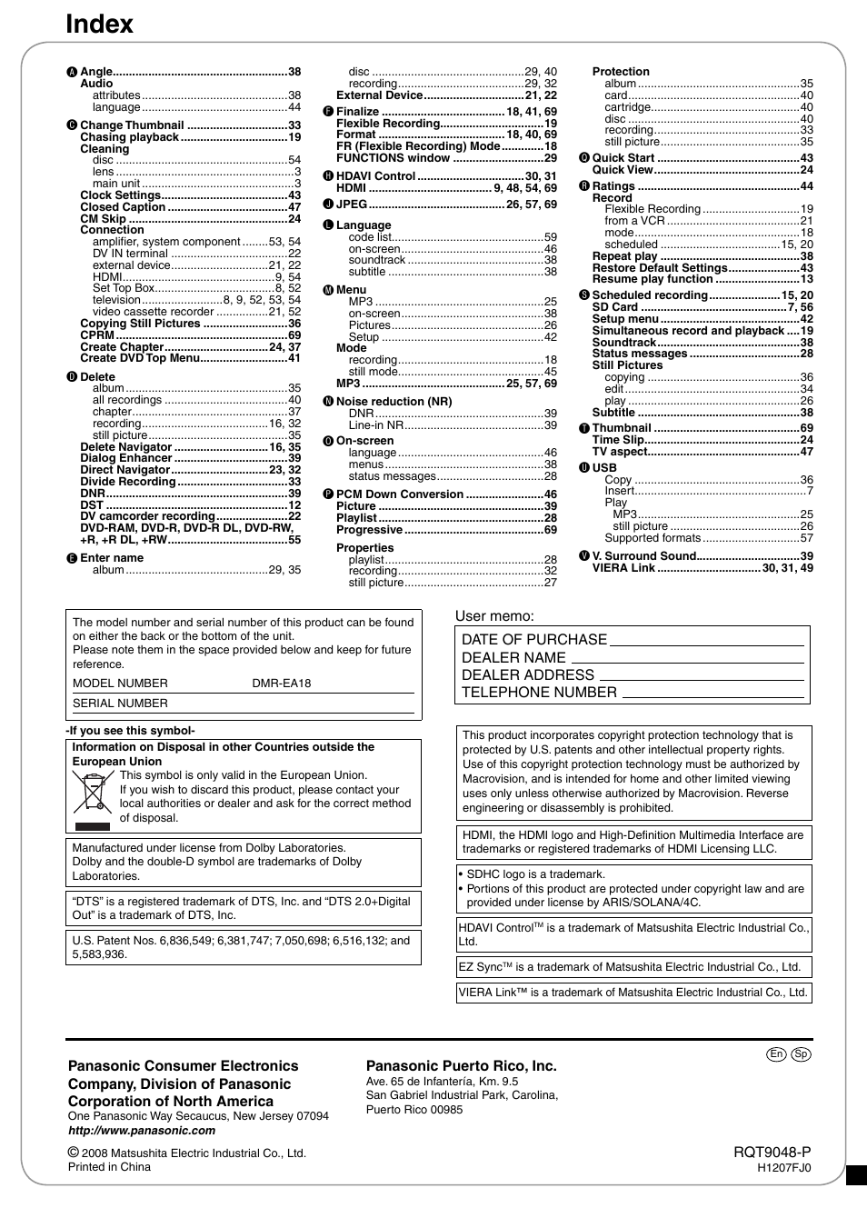 Index | Panasonic DIGA DMR-EA18 User Manual | Page 76 / 76