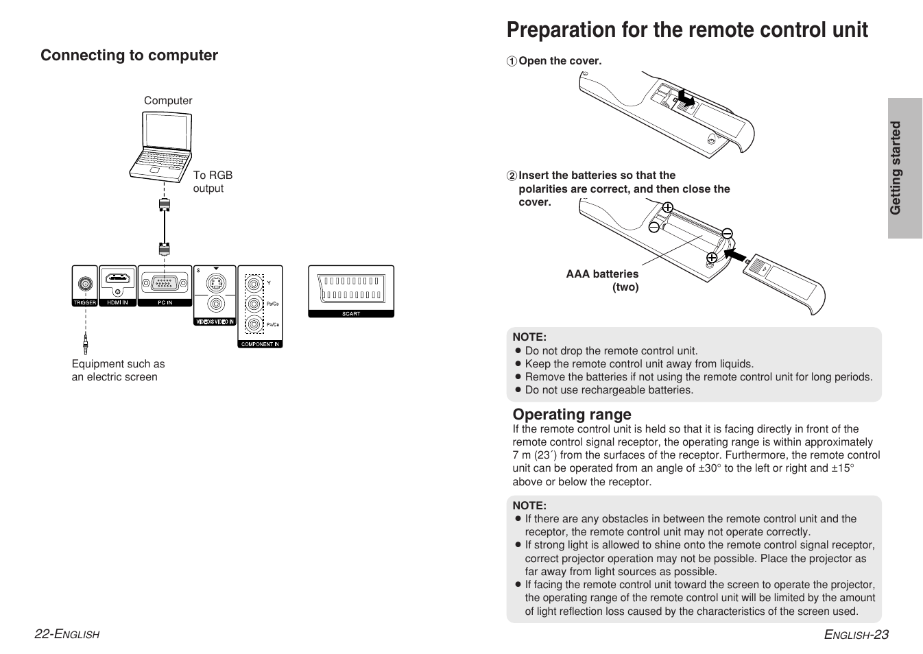 Preparation for the remote control unit | Panasonic PT-AE700 User Manual | Page 12 / 32