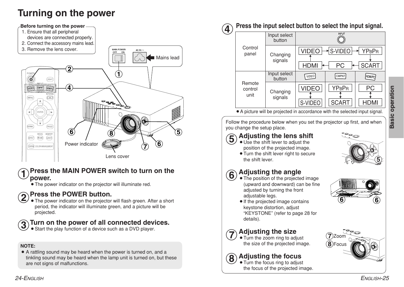 Turning on the power | Panasonic PT-AE700 User Manual | Page 13 / 32